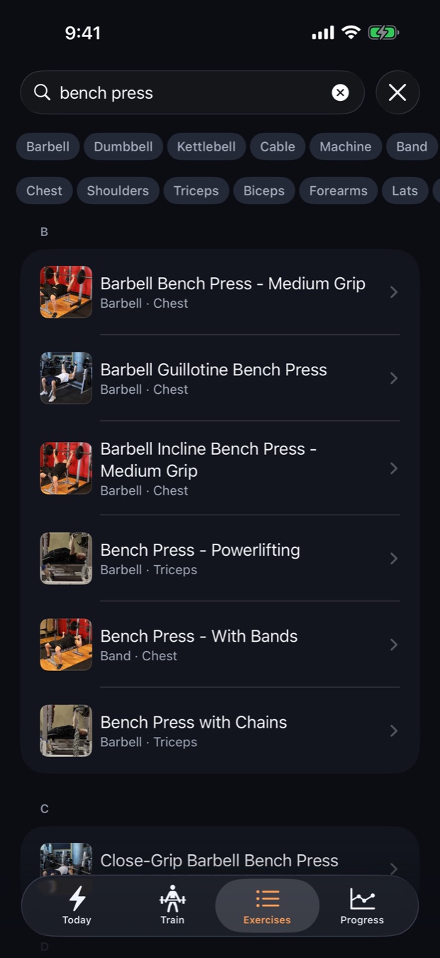 The Kusog exercise library, searched for bench press: six variations,
                each with a photograph of its start position.