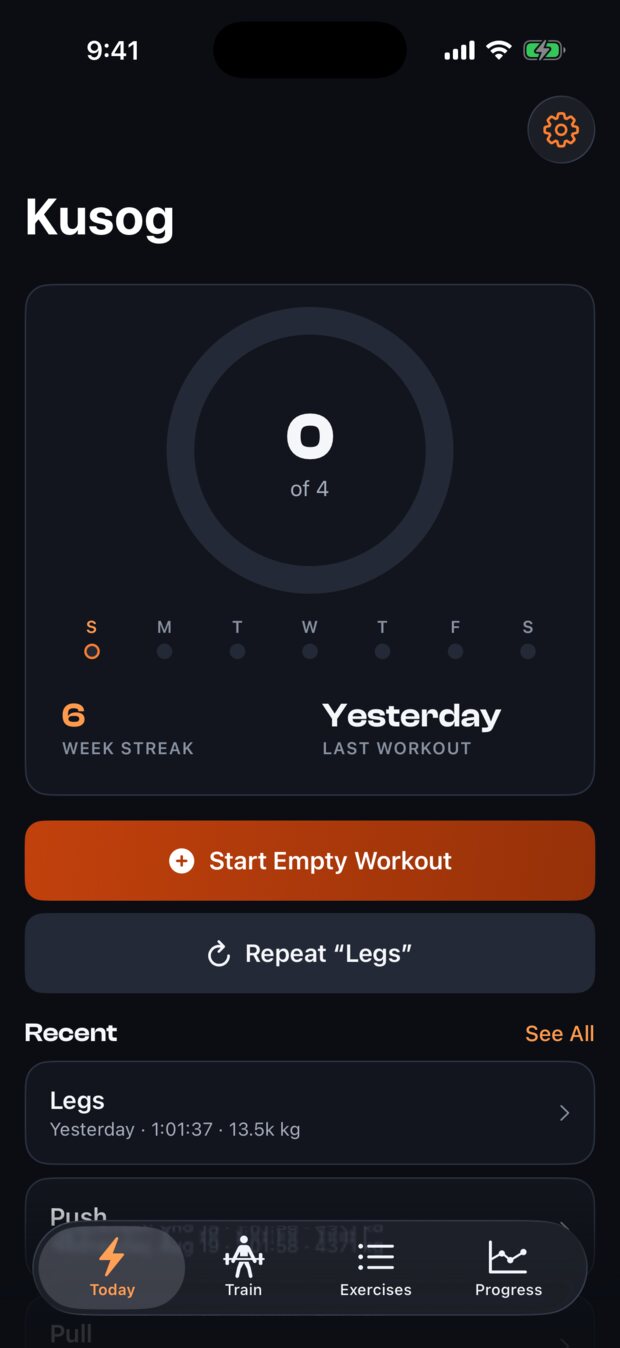 The Kusog home screen: a weekly goal ring, a six week streak, and a list of recent workouts.